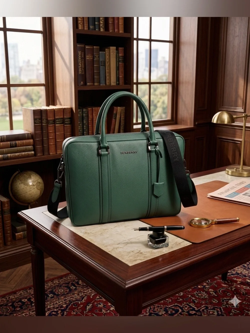 Burberry Newburg Green Leather Briefcase/Slim Professional Bag